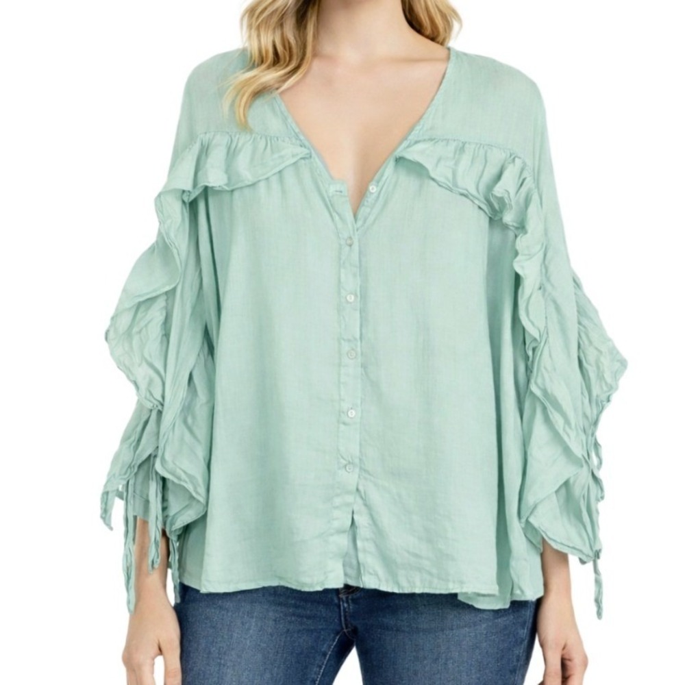 Zara Basic Seafoam Green Ramie Cotton Ruffle Button Down Boho Blouse Womens M‎